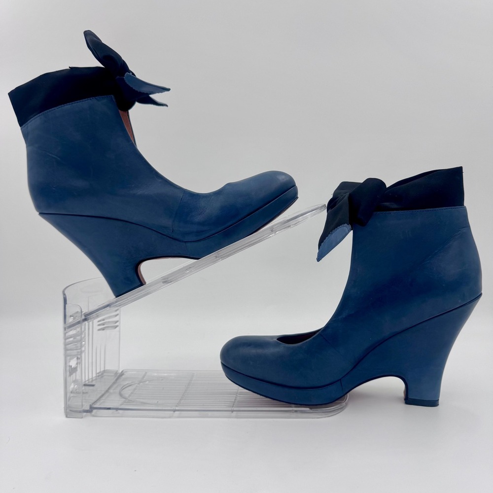 CC Corso Como Blue Leather Wedge Pumps Ankle Bow Platform Heels Brazil Size 8 - Picture 4 of 8